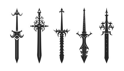Set of knightly swords isolated on white background. Sword silhouettes. Vector illustration