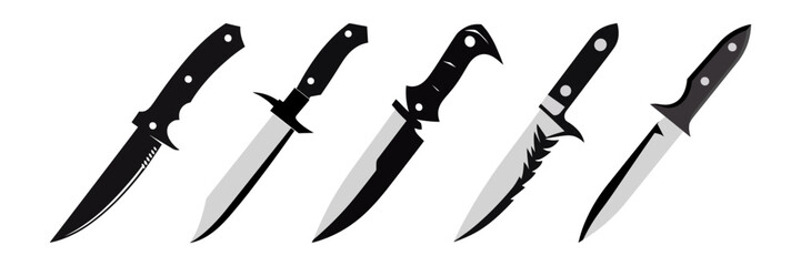 Set black knife icon in flat style isolated on white background. Hunting knife icon. Vector illustration - obrazy, fototapety, plakaty