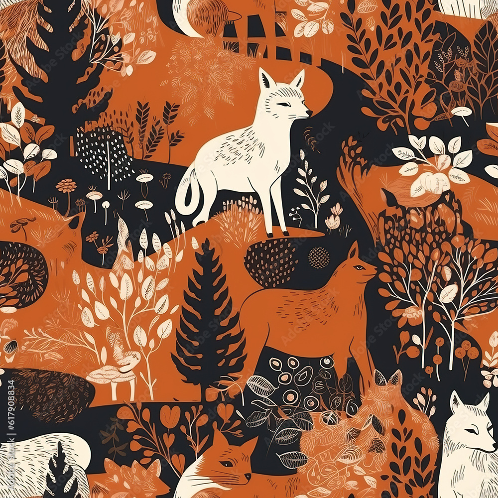 Poster a pattern of foxes and other animals in a forest. generative ai. seamless pattern.