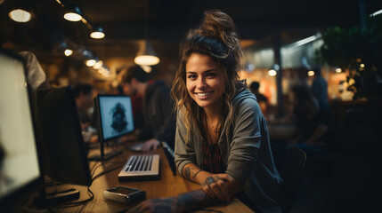 young latina businesswoman with tattoos smiling into the camera - obrazy, fototapety, plakaty