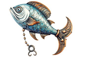 drawing of a fish with a fishing hook isolated on white. generated by AI.