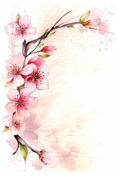 Watercolor Japanese cherry blossom pink frame with space for your text. Place for text. Greeting card template.