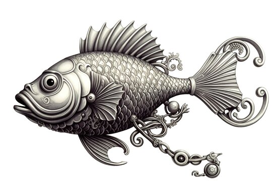 drawing of a fish with a fishing hook isolated on white. generated by AI.