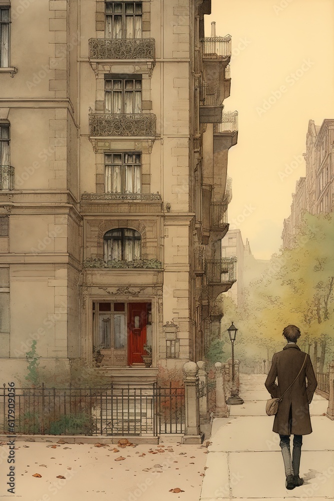 Poster a guy may be seen strolling down a sidewalk adjacent to an imposing structure.