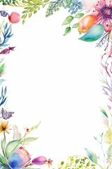 Watercolor floral frame isolated on white background. Hand drawn illustration. Place for text. Greeting card template.