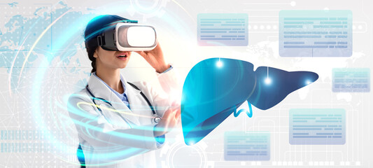 Doctor using virtual reality headset to study patient health data