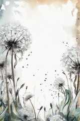 Watercolor frame with dandelions. Hand-drawn illustration style. Place for text. Greeting card template.