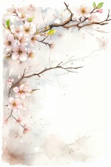 Watercolor apricot blossom background. Hand drawn illustration with sakura flowers. Place for text. Greeting card template.