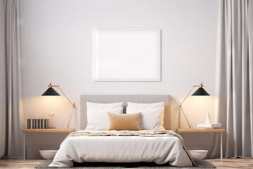 white blank mock up frame on a modern bedroom