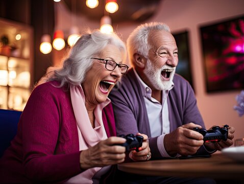 Cute retired gray haired senior gamers couple in vibrant clothes laughing and playing video game at the birthday party. Generative AI