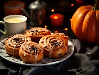 Freshly baked halloween cinnamon rolls with chocolate spider and spider web ornament with cup of coffee and orange halloween pumpkins in the background. Generative AI