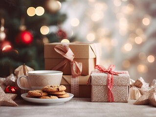 Closeup professional color grading photography of Christmas cookies, cup of coffee, and gift boxes with blurred Christmas tree in the background. Generative AI