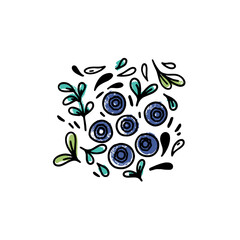 A set of hand drawn berries with leaves and drops on a white background. Blueberries hand drawn icons. Naive drawings composition.