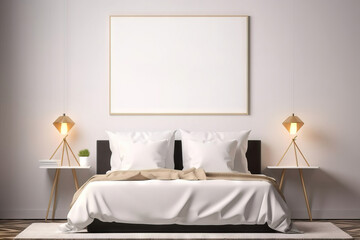 big rectangular mock up frame with golden bezel on a modern bedroom