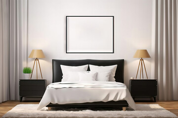 rectangular blank mock up frame with black bezel in a modern bedroom