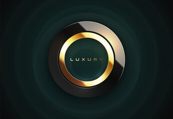 Glossy black glass luxury circle golden frame. Border logo, name ring, label. Realistic black gold frame, luxury dark green abstract waves background design, light effect reflection. Vector template - 617910263