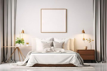 square blank mock up frame with golden bezels on a modern bedroom