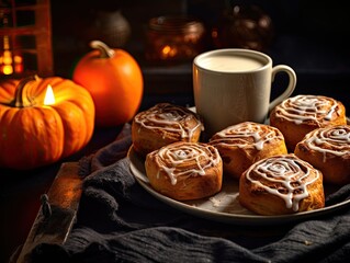 Freshly baked halloween cinnamon rolls with spider web ornament with cup of coffee and orange halloween pumpkins in the background. Generative AI
