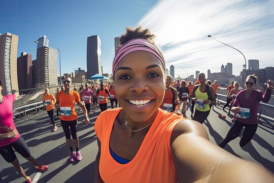 black female marathon runner is taking a selfie while running through a crowd of other runners, with the city skyline in the background , wide angle view