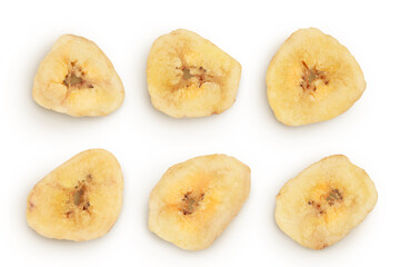 Dried banana chips isolated on white background with full depth of field. Top view. Flat lay