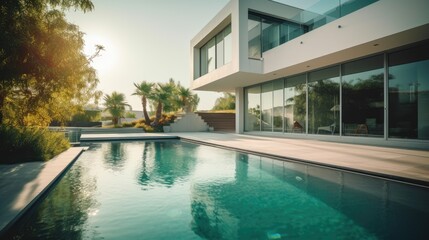 Modern villa with swimming pool. Generative AI