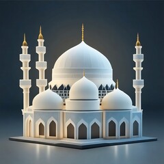 Fototapeta na wymiar illustration of A lit up model of a mosque with a white dome on gradient background, by generative ai