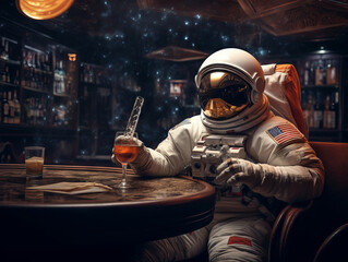 Astronaut in spacesuit sitting in vintage bar, illustrated using generative ai. - obrazy, fototapety, plakaty