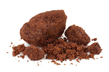 Dark muscovado sugar or Barbados sugar isolated on white background with full depth of field