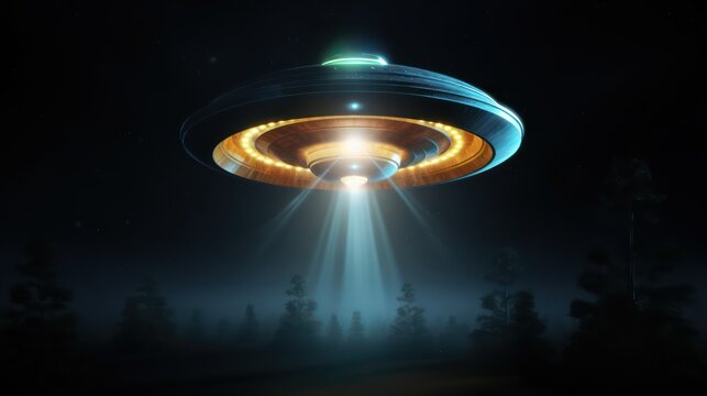 UFO flying with alien and abduct beam at night.3d rendering