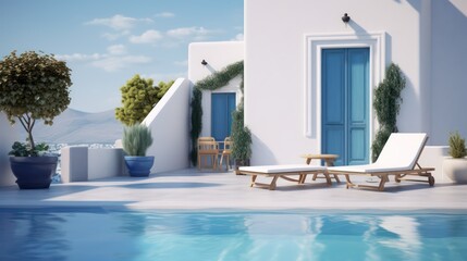 Obraz na płótnie Canvas Santorini style architecture with armchairs plant door and swimming pool.3d rendering