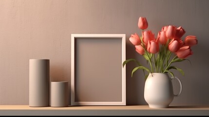 Mock up frame with minimal decor close up in home interior background. 3D render. Created with generative AI.