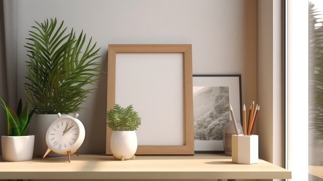 Mock up frame with minimal decor close up in home interior background. 3D render. Created with generative AI.