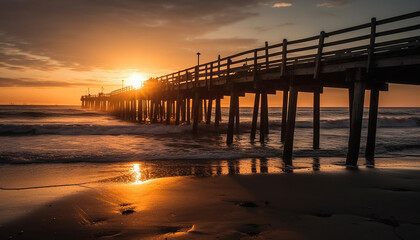 Tranquil sunset over water, sand and coastline Nature beauty reflected generated by AI