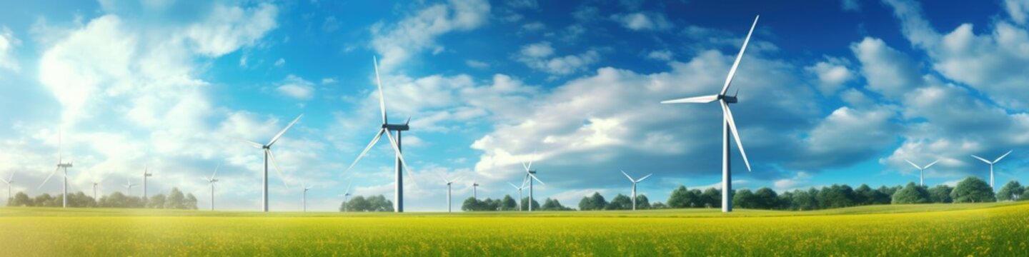 wind turbines on green farm.Winmill power energy. Green farm with renewable energy.