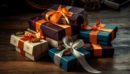 A festive heap of gift boxes, wrapped in shiny wrapping paper generated by AI