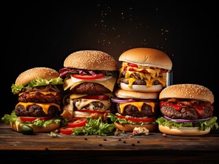 Huge delicious grilled greasy craft beef burgers with cheese, bacon, onion rings, tomatoes, and vegetables on pitch black background. Generative AI