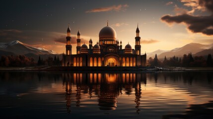 A picture of a mosque with a crescent moon and the words  ramadan  on it. Created with generative AI.