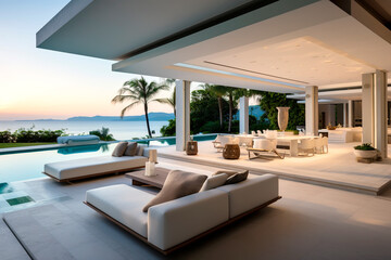 modern living room with pool and ocean view
