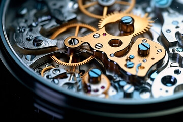 Gears and cogs in clockwork watch mechanism close up