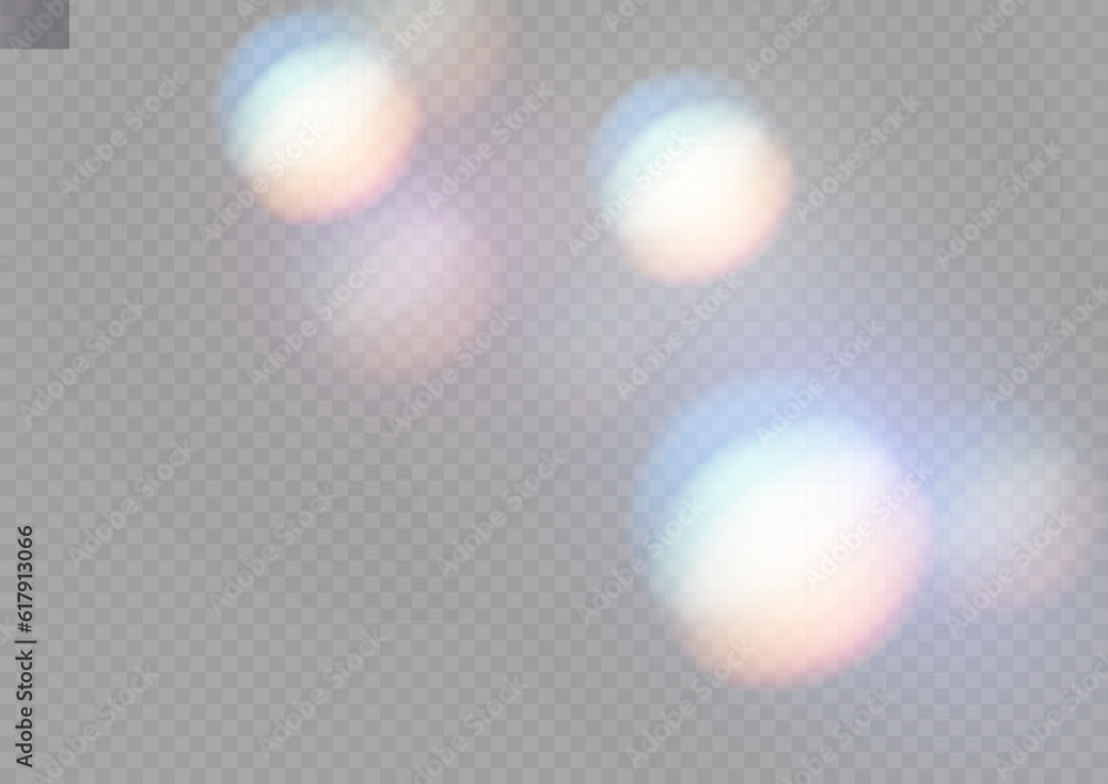 Wall mural set of colorful vector lenses and light flares with transparent effects. iridescent crystal leak gla