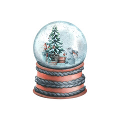 Snow globe with gift boxes, christmas tree and a cute bunny. Watercolor illustration, hand drawn. Isolated object on a white background