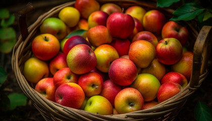 Abundant harvest of fresh, ripe apples from organic orchard generated by AI