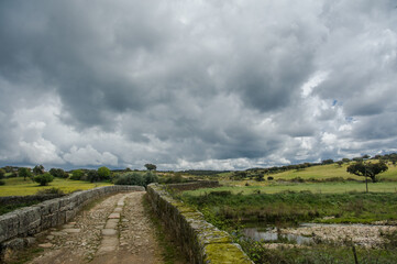 A picturesque medieval bridge spans a tranquil river, surrounded by meadows and trees under a cloudy Portuguese sky.