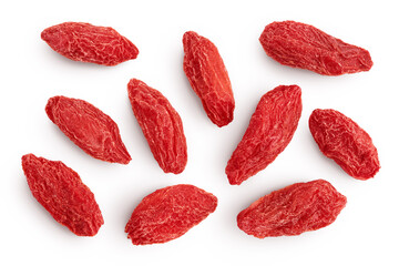 Dried goji berries isolated on white background. Top view. Flat lay.