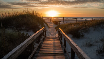 Tranquil scene of sunset over water on idyllic coastline generated by AI