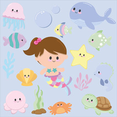 Cute mermaid and her friends in the ocean