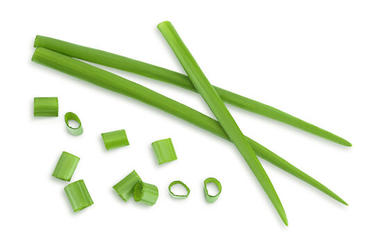 Green onion isolated on the white background. Top view. Flat lay.