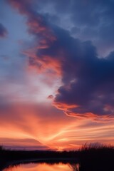 Fototapeta premium a sunrise over a field of clouds and grass, in the style of light orange and dark magenta. AI Generated