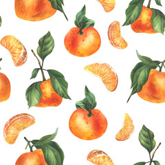 Orange tangerines with green branch and leaves, citrus tropical fruit, whole and slices. Watercolor illustration, hand drawn. Seamless pattern on a white background