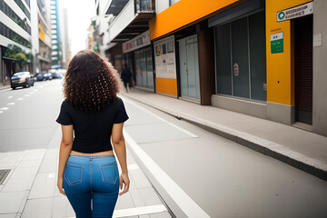 Image of a rear view of an attractive woman walking down a street. (AI generative illustration) - obrazy, fototapety, plakaty